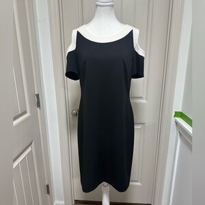 Tommy Hilfiger Black Dress with White Trim Cold-Shoulder Midi